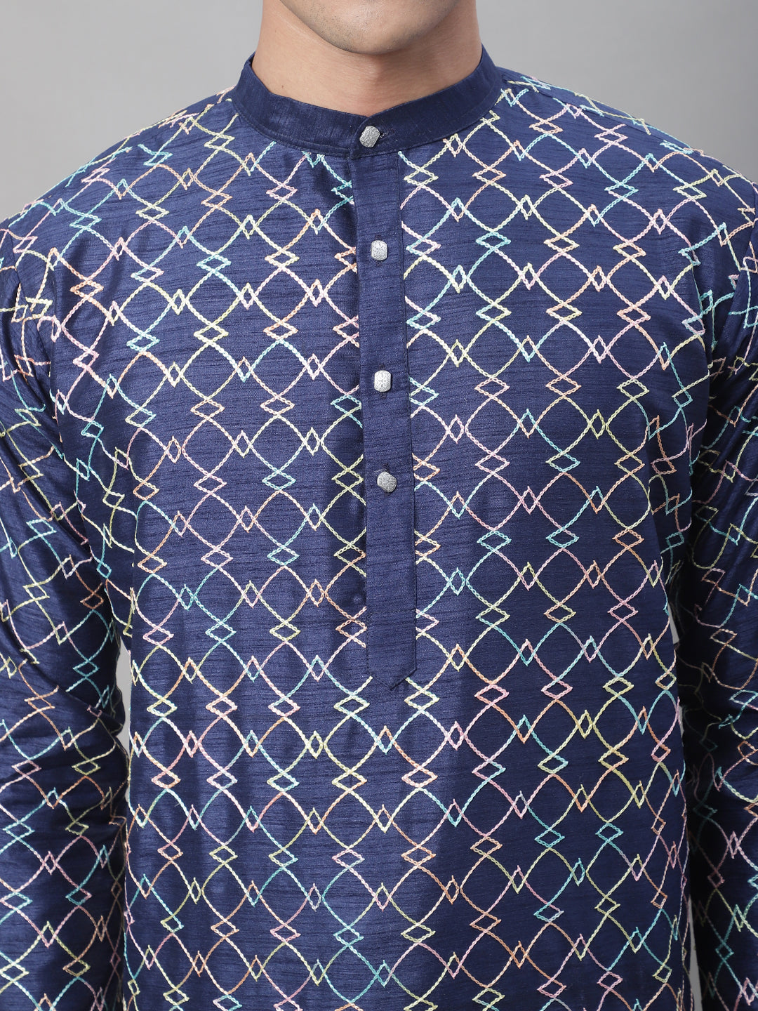 Men's Silk Blend NavyBlue Kurta With Multi Color Embroidery and Off-White Pyjama