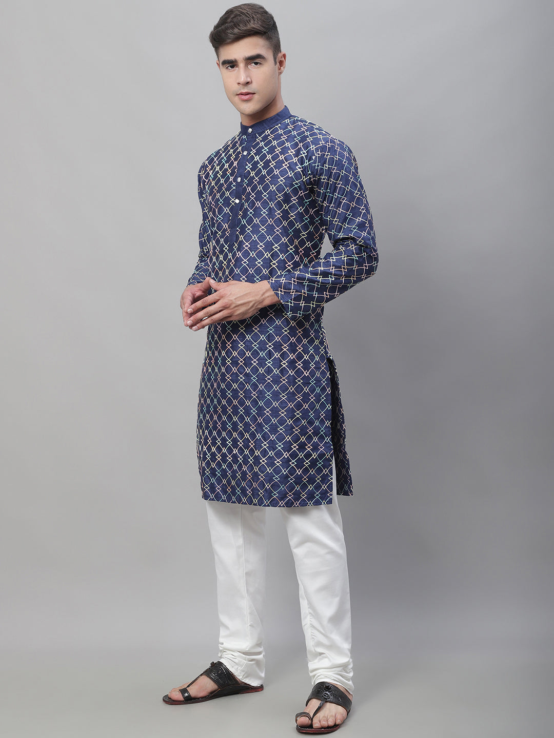 Men's Silk Blend NavyBlue Kurta With Multi Color Embroidery and Off-White Pyjama