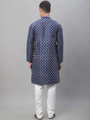 Men's Silk Blend NavyBlue Kurta With Multi Color Embroidery and Off-White Pyjama