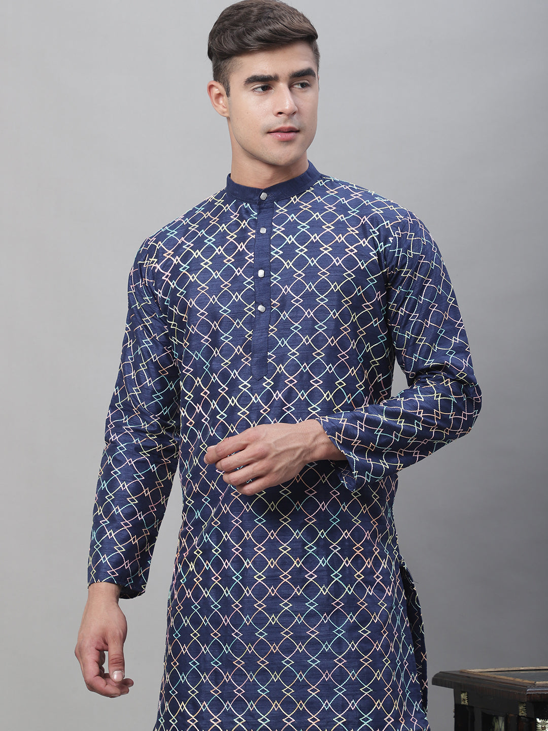 Men's Silk Blend NavyBlue Kurta With Multi Color Embroidery and Off-White Pyjama