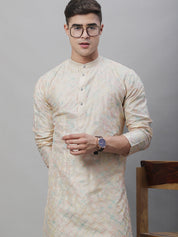 Men's Silk Blend Cream Kurta with Multi Color embroidery