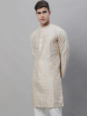 Men's Silk Blend Cream Kurta with Multi Color embroidery