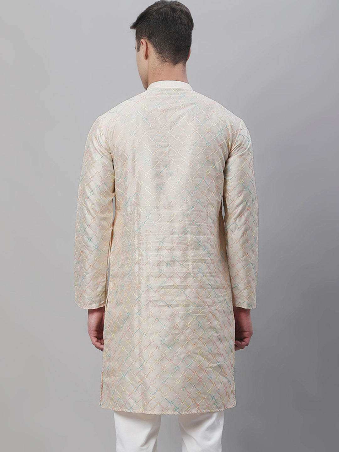 Men's Silk Blend Cream Kurta with Multi Color embroidery