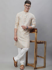 Men's Silk Blend Cream Kurta with Multi Color embroidery