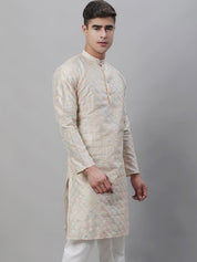 Men's Silk Blend Cream Kurta with Multi Color embroidery