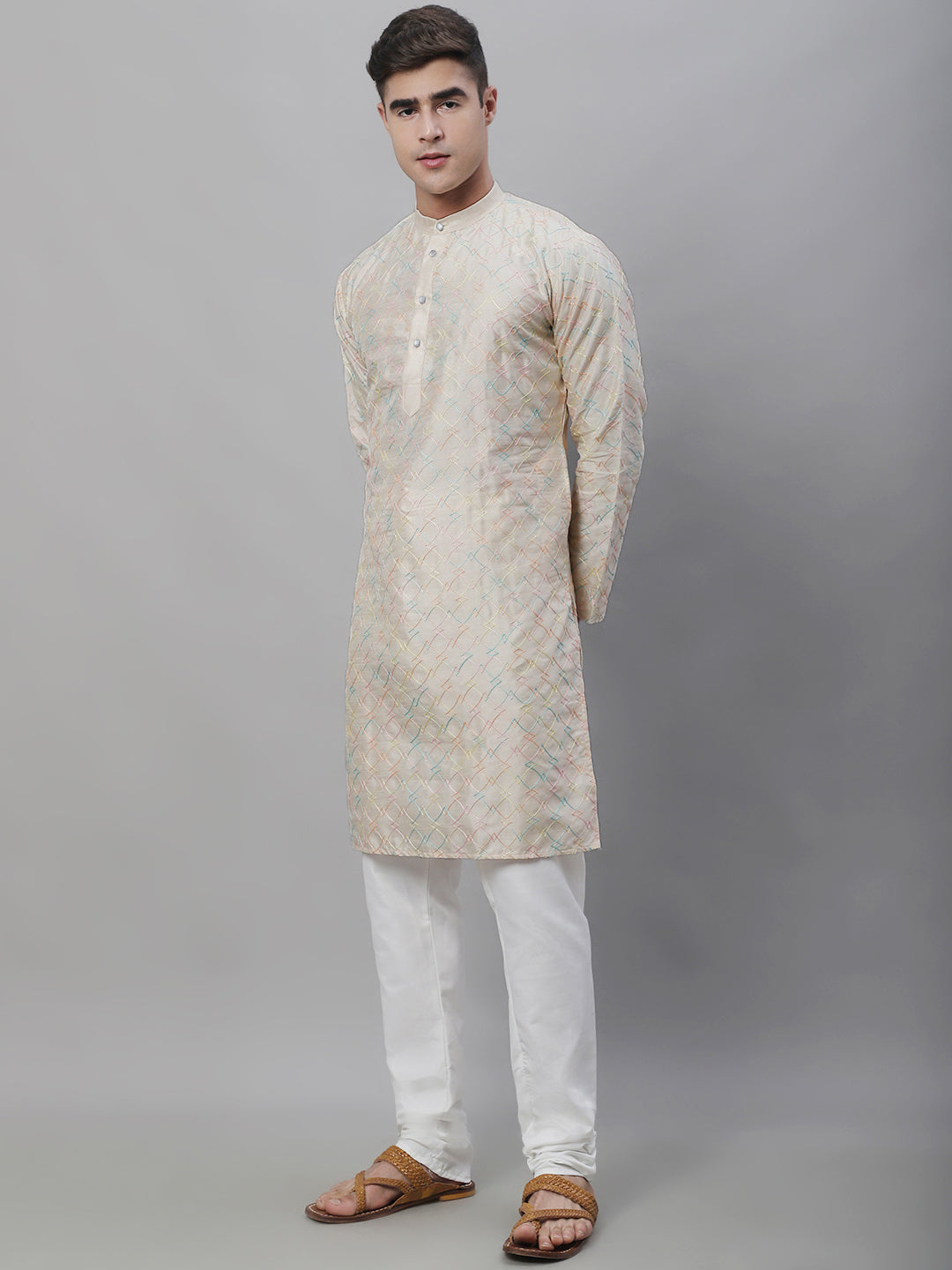 Men's Silk Blend Cream Kurta With Multi Color Embroidery and Off-White Pyjama