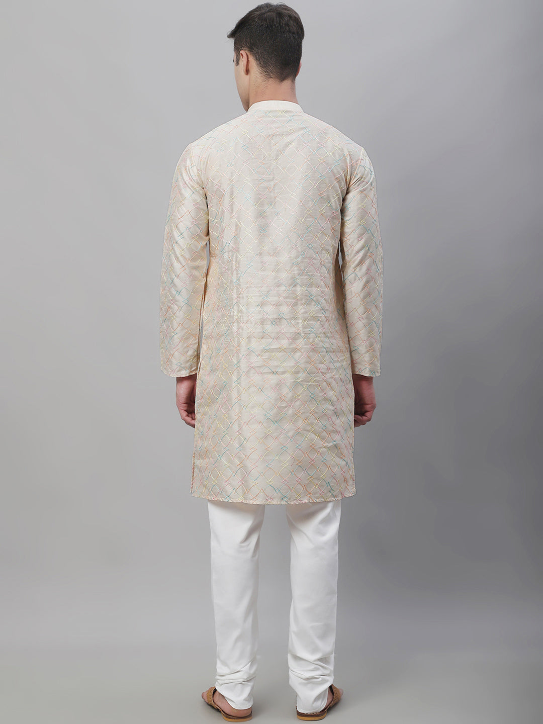 Men's Silk Blend Cream Kurta With Multi Color Embroidery and Off-White Pyjama