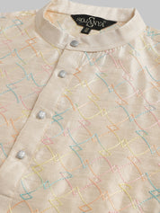 Men's Silk Blend Cream Kurta With Multi Color Embroidery and Off-White Pyjama