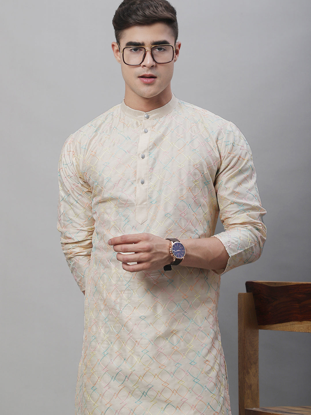 Men's Silk Blend Cream Kurta With Multi Color Embroidery and Off-White Pyjama