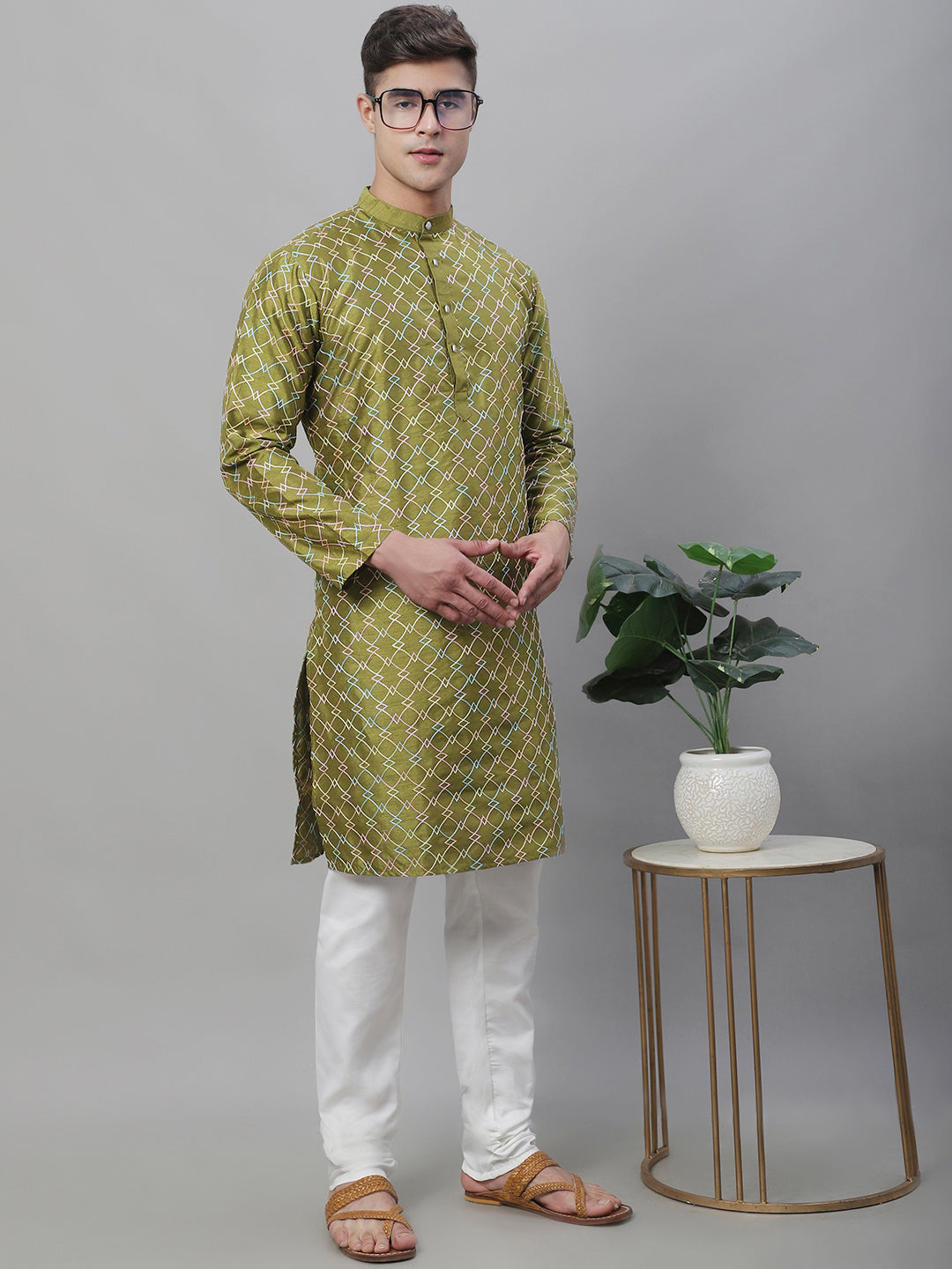 Men's Silk Blend Olive Kurta with Multi Color embroidery