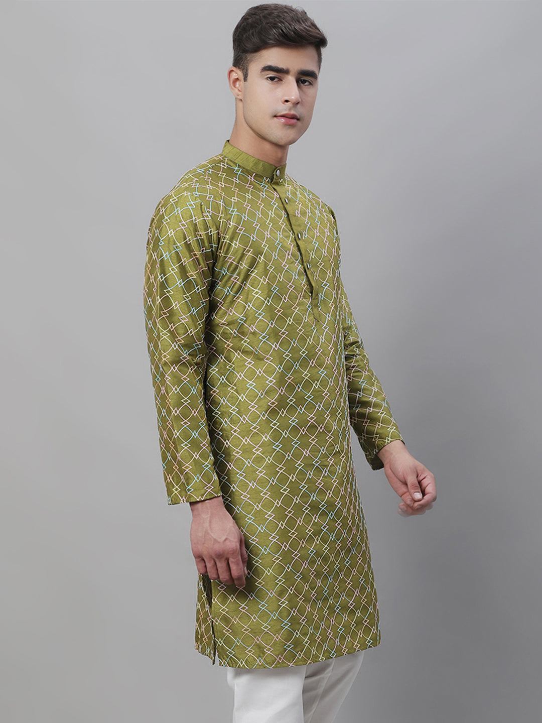 Men's Silk Blend Olive Kurta with Multi Color embroidery