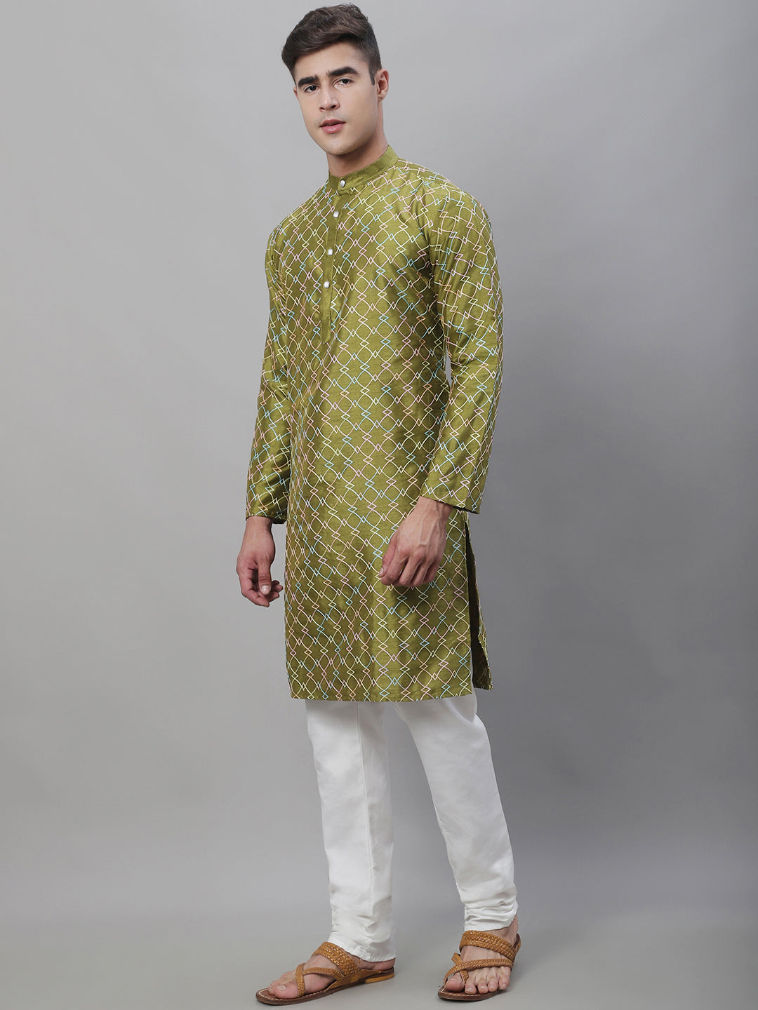 Men's Silk Blend Olive Kurta With Multi Color Embroidery and Off-White Pyjama