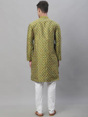 Men's Silk Blend Olive Kurta With Multi Color Embroidery and Off-White Pyjama