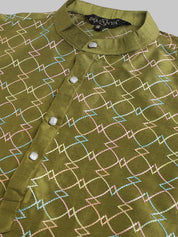 Men's Silk Blend Olive Kurta With Multi Color Embroidery and Off-White Pyjama