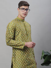 Men's Silk Blend Olive Kurta With Multi Color Embroidery and Off-White Pyjama