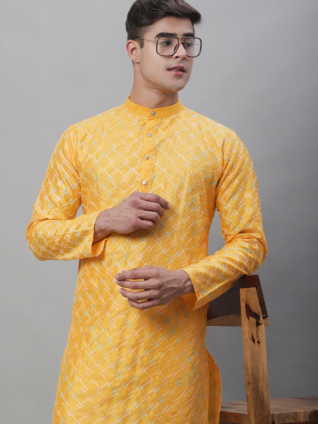 Men's Silk Blend Mustard Kurta with Multi Color embroidery