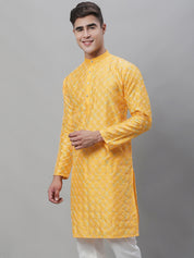 Men's Silk Blend Mustard Kurta with Multi Color embroidery