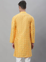 Men's Silk Blend Mustard Kurta with Multi Color embroidery