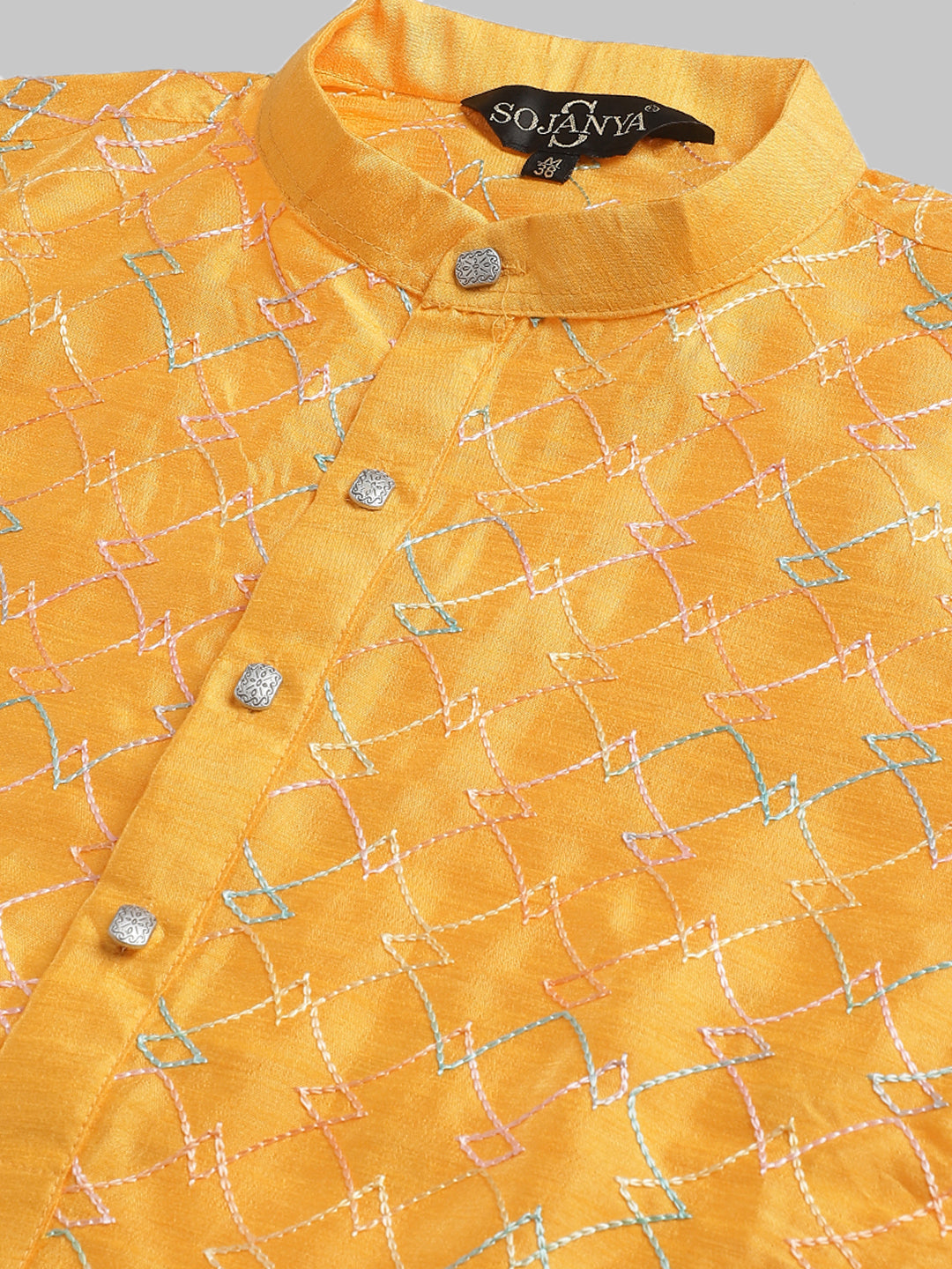 Men's Silk Blend Mustard Kurta with Multi Color embroidery