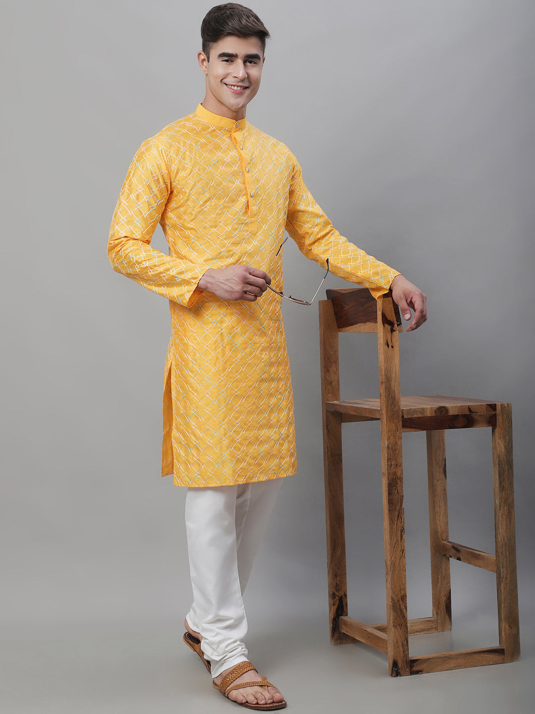 Men's Silk Blend Mustard Kurta with Multi Color embroidery