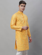 Men's Silk Blend Mustard Kurta with Multi Color embroidery