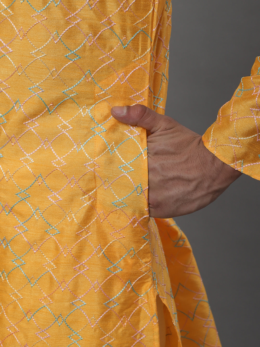 Men's Silk Blend Mustard Kurta with Multi Color embroidery