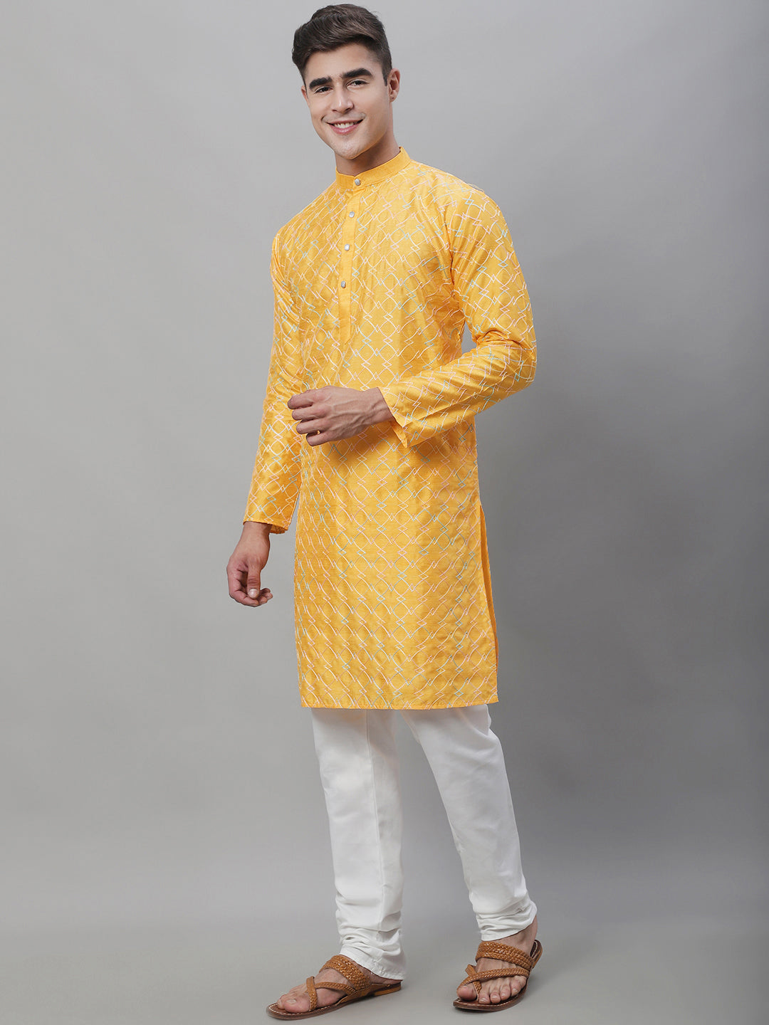 Men's Silk Blend Mustard Kurta With Multi Color Embroidery and Off-White Pyjama