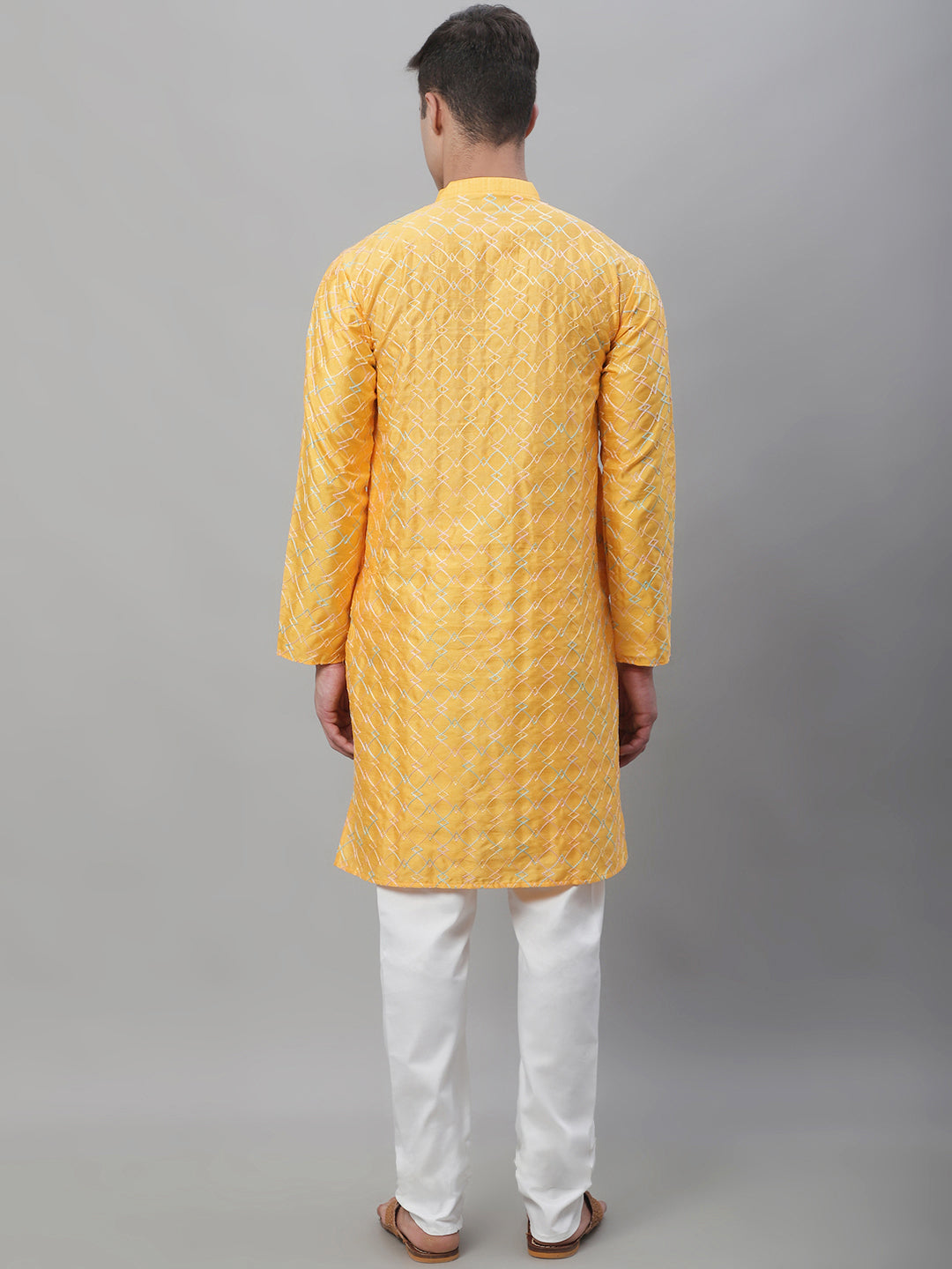 Men's Silk Blend Mustard Kurta With Multi Color Embroidery and Off-White Pyjama