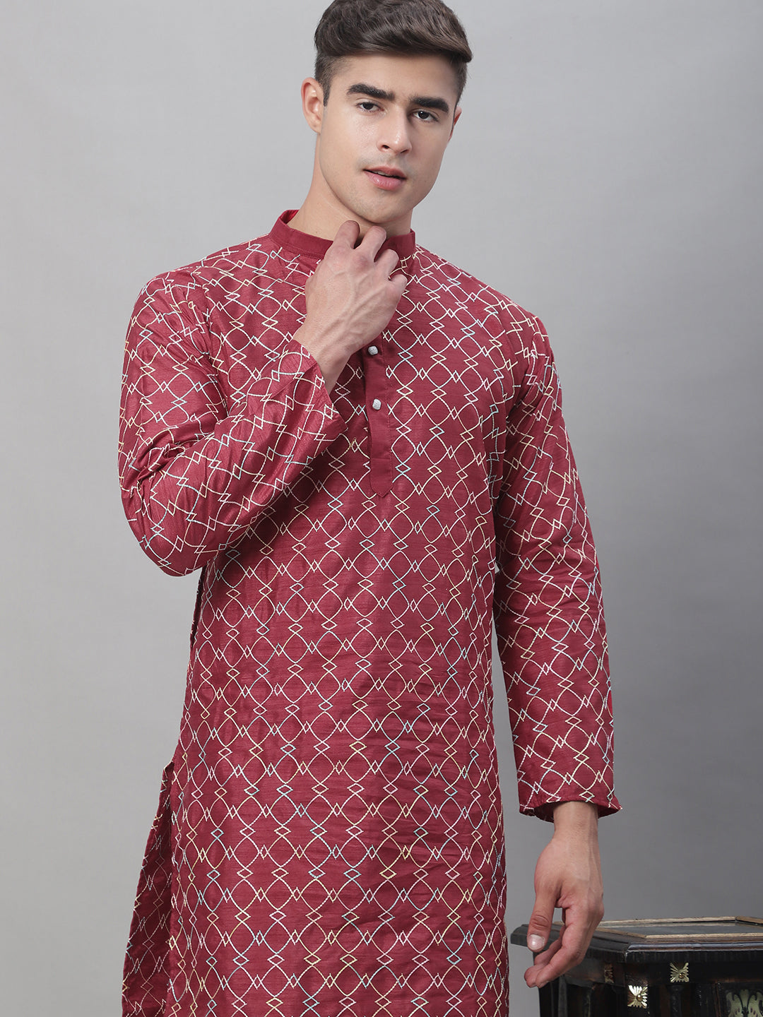 Men's Silk Blend Maroon Kurta with Multi Color Embroidery