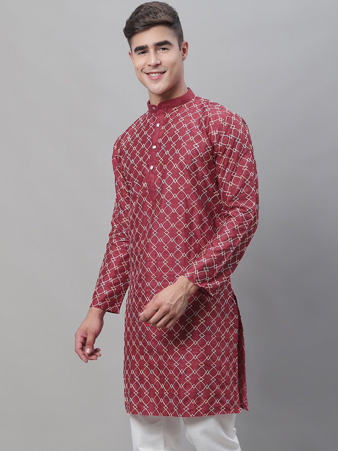 Men's Silk Blend Maroon Kurta with Multi Color Embroidery