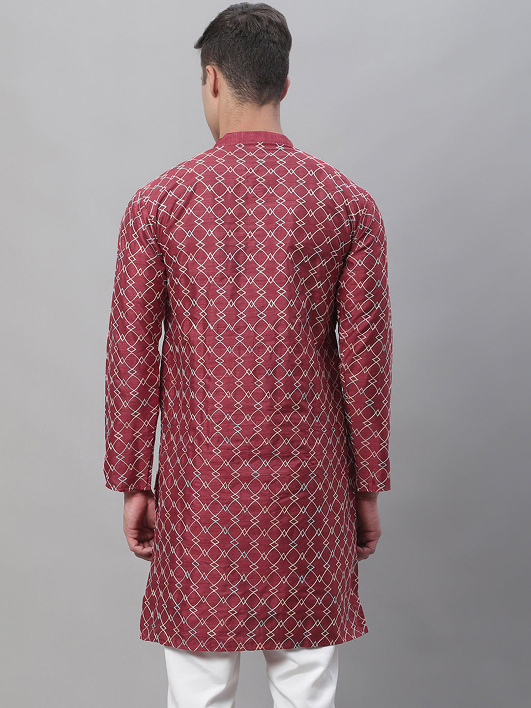 Men's Silk Blend Maroon Kurta with Multi Color Embroidery