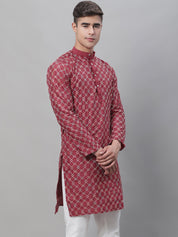 Men's Silk Blend Maroon Kurta with Multi Color Embroidery