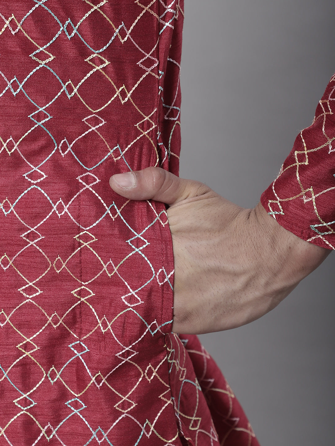 Men's Silk Blend Maroon Kurta with Multi Color Embroidery