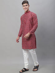 Men's Silk Blend Maroon Kurta With Multi Color Embroidery and Off-White Pyjama