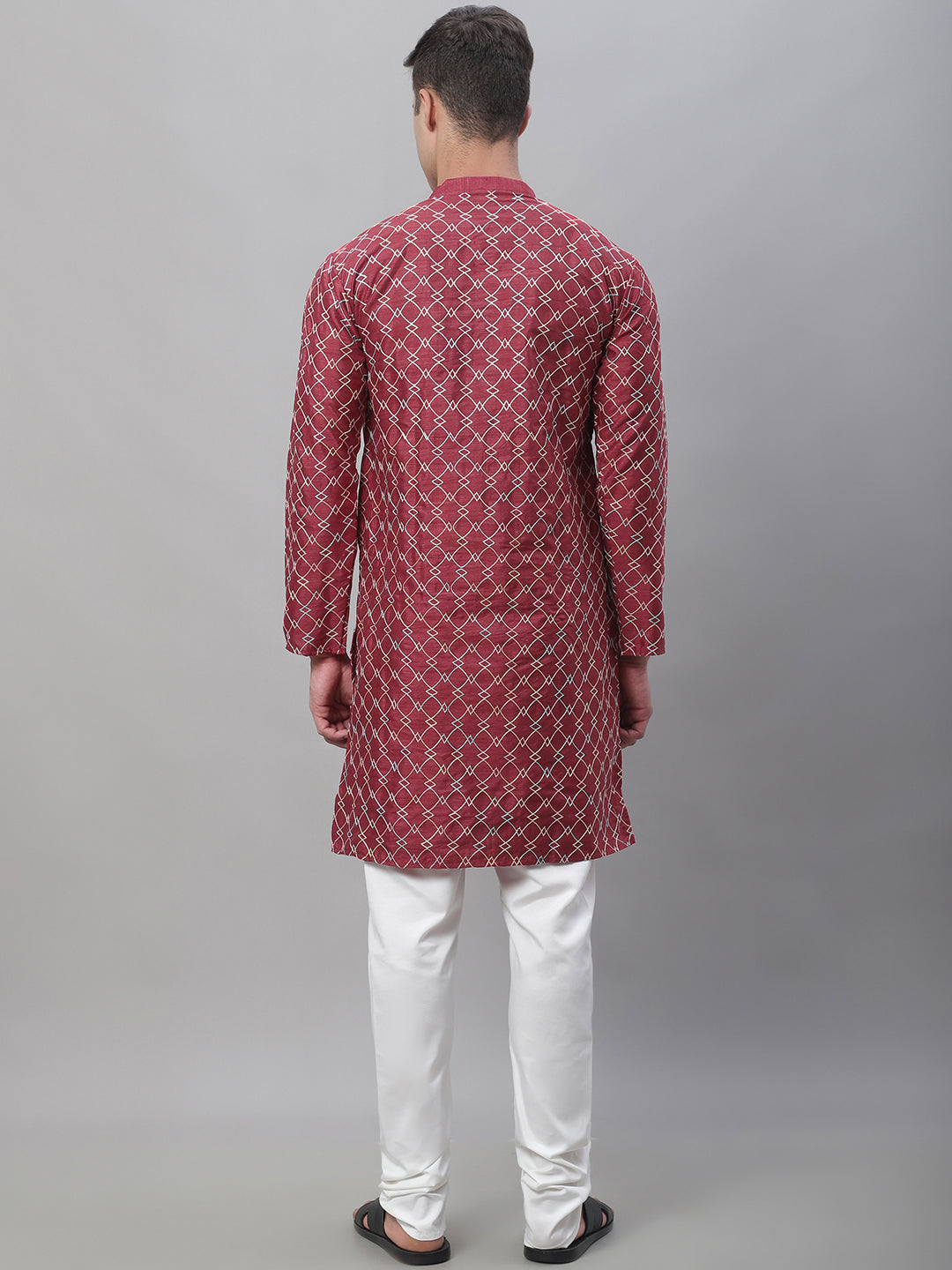 Men's Silk Blend Maroon Kurta With Multi Color Embroidery and Off-White Pyjama