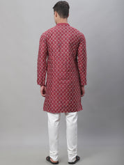 Men's Silk Blend Maroon Kurta With Multi Color Embroidery and Off-White Pyjama