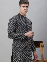 Men's Silk Blend Black Kurta with Multi Color Embroidery