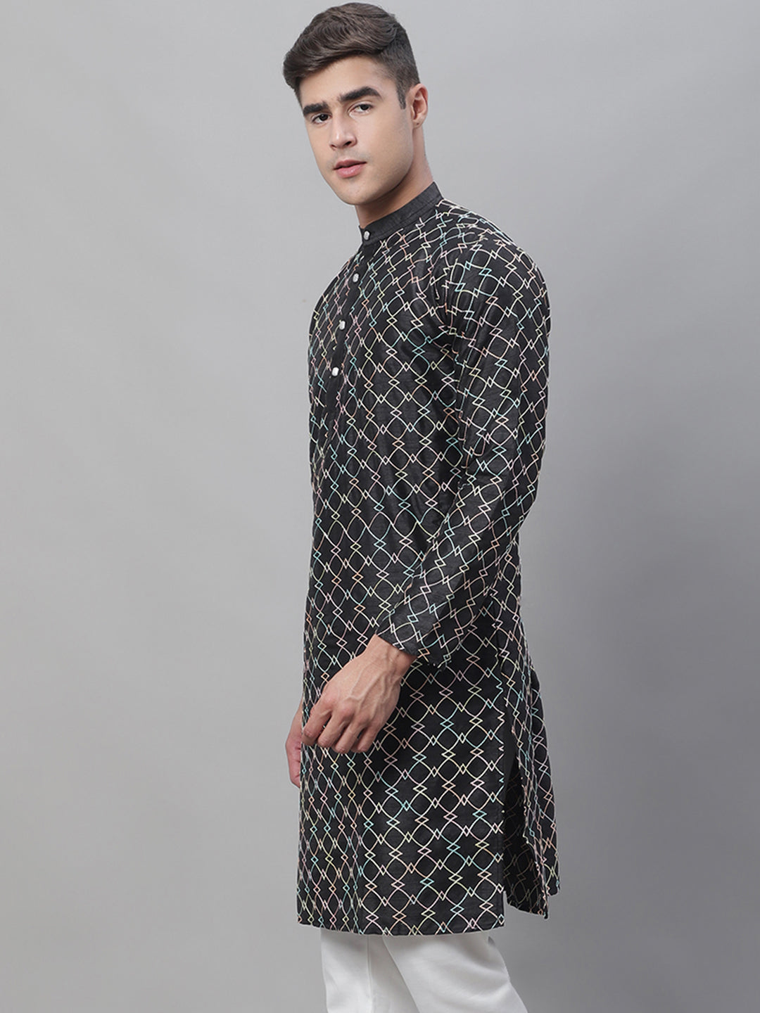 Men's Silk Blend Black Kurta with Multi Color Embroidery