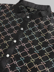 Men's Silk Blend Black Kurta with Multi Color Embroidery