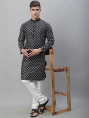 Men's Silk Blend Black Kurta with Multi Color Embroidery