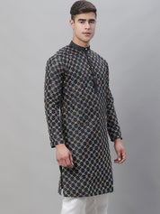 Men's Silk Blend Black Kurta with Multi Color Embroidery