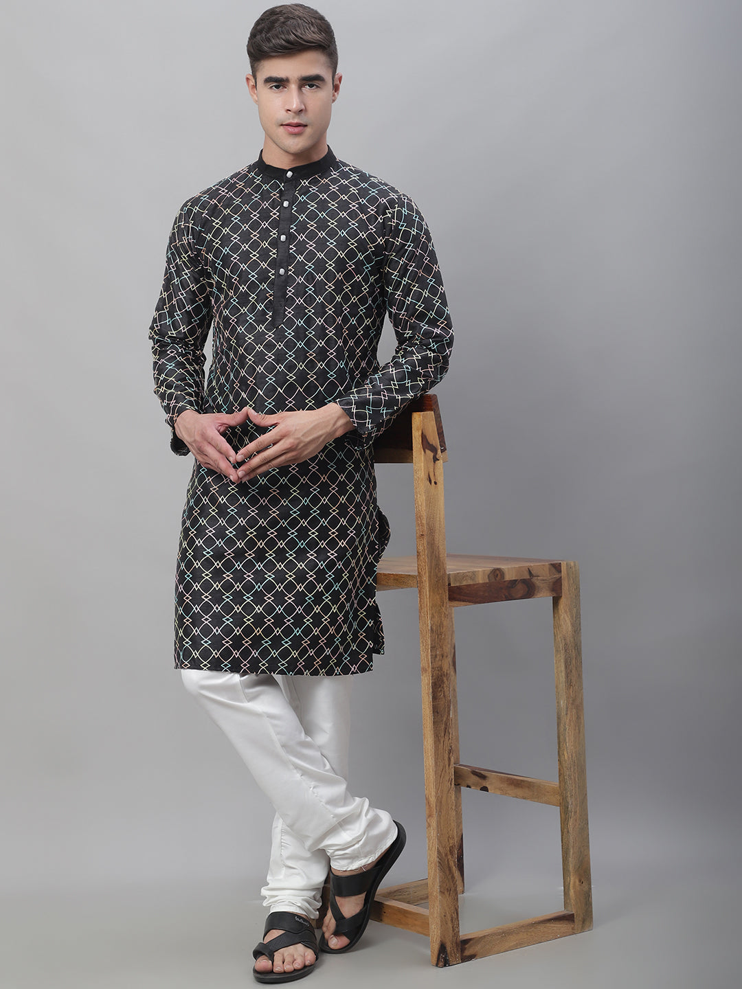 Men's Silk Blend Black Kurta With Multi Color Embroidery and Off-White Pyjama