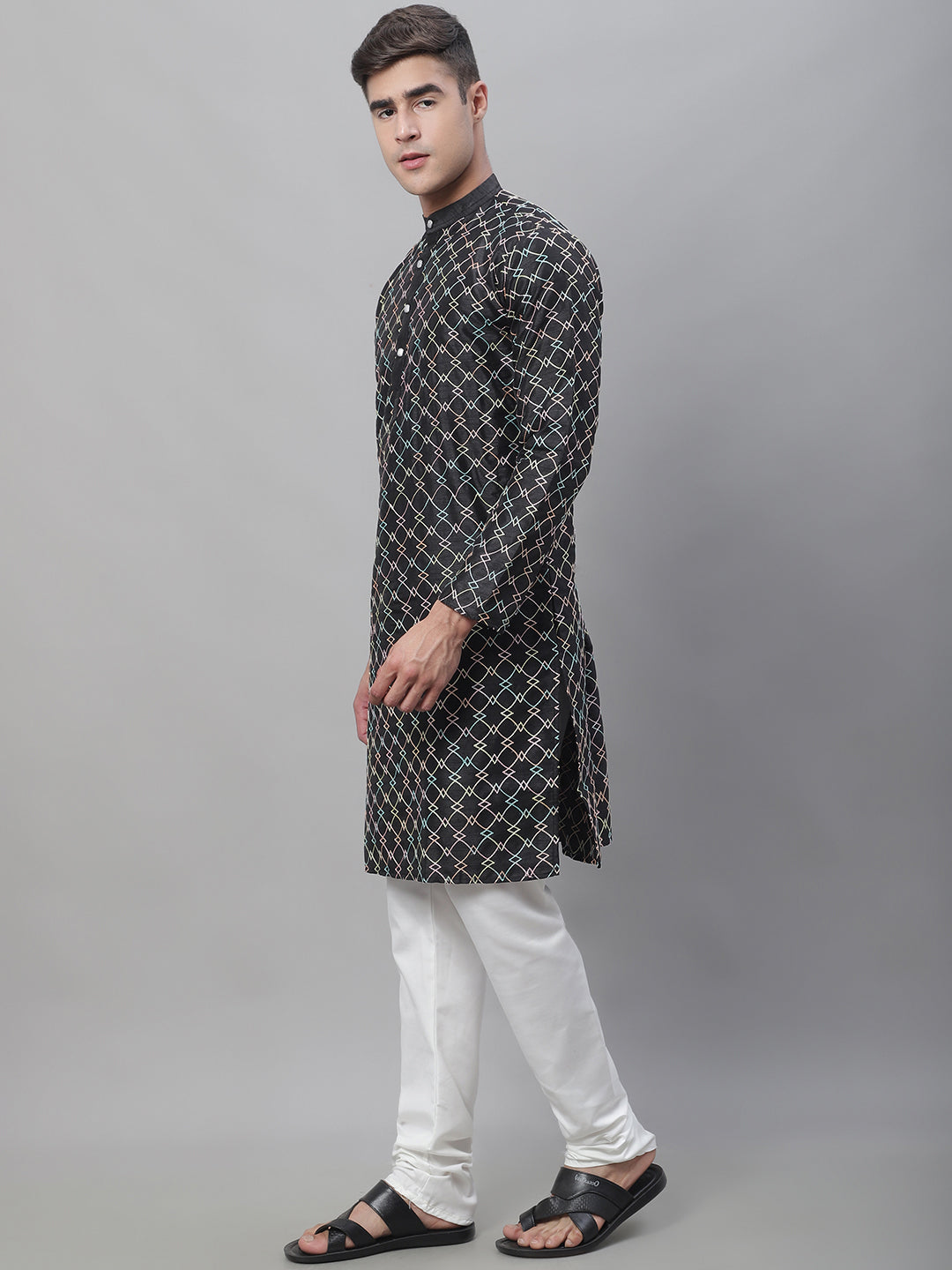 Men's Silk Blend Black Kurta With Multi Color Embroidery and Off-White Pyjama