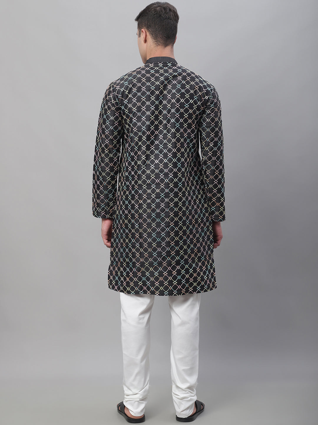 Men's Silk Blend Black Kurta With Multi Color Embroidery and Off-White Pyjama