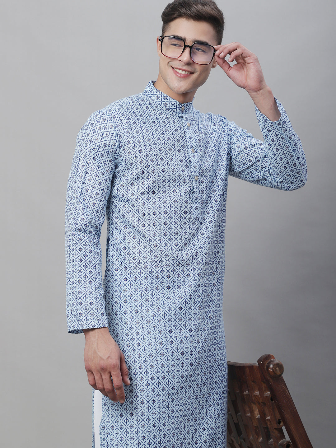 Men's Cotton Linen Foil Printed Blue Long Kurta