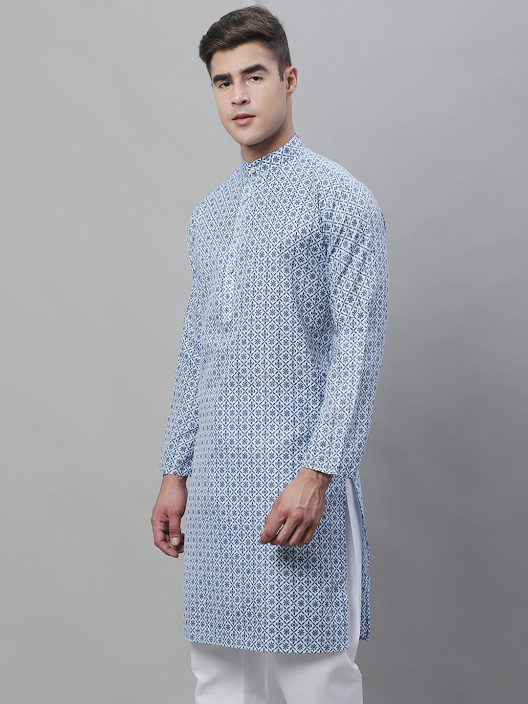 Men's Cotton Linen Foil Printed Blue Long Kurta