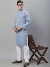 Men's Cotton Linen Foil Printed Blue Long Kurta