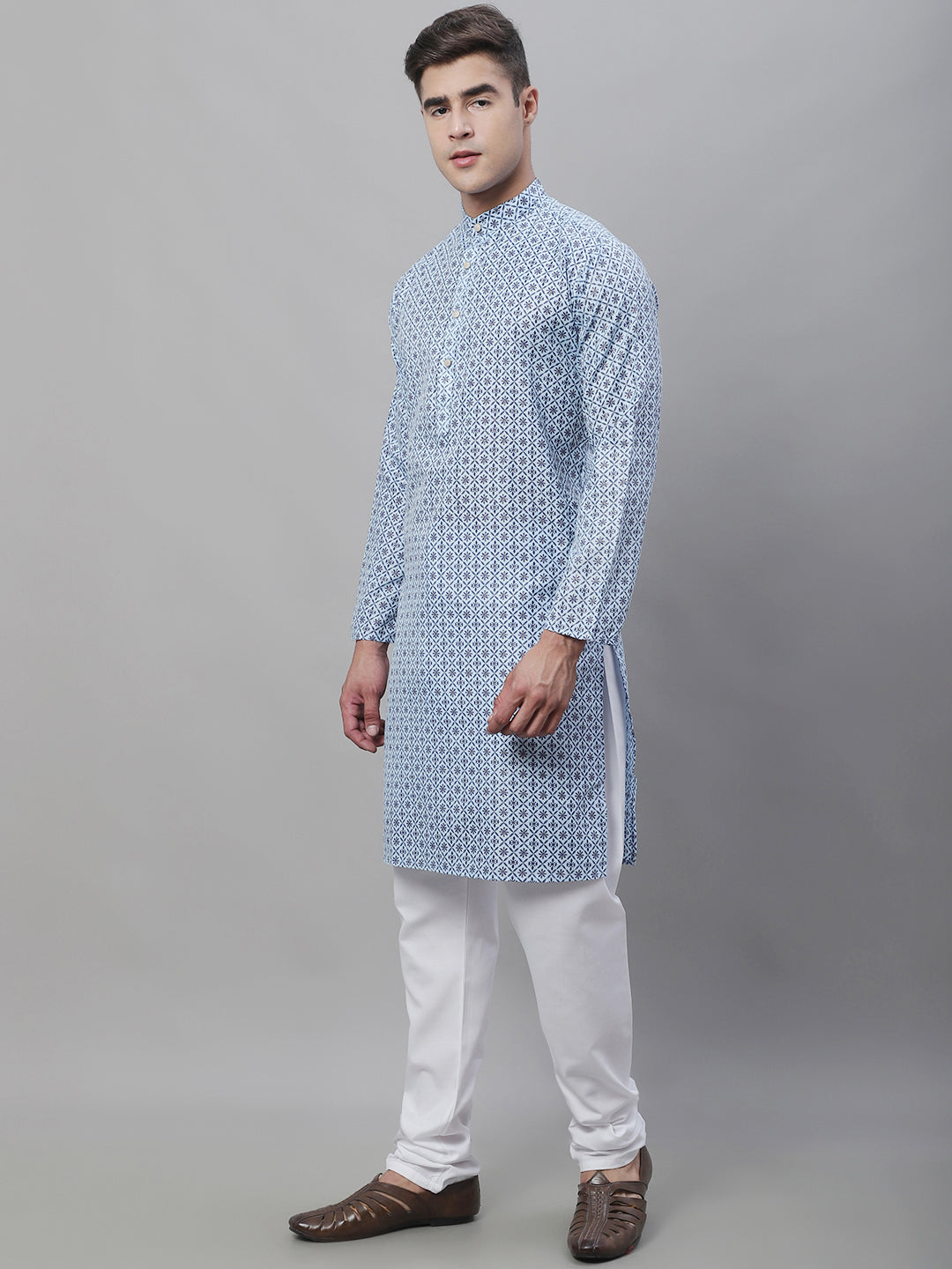 Men's Cotton Linen Blue Foil Printed Kurta and White Pyjama Set