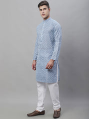 Men's Cotton Linen Blue Foil Printed Kurta and White Pyjama Set