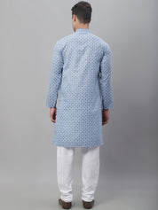 Men's Cotton Linen Blue Foil Printed Kurta and White Pyjama Set